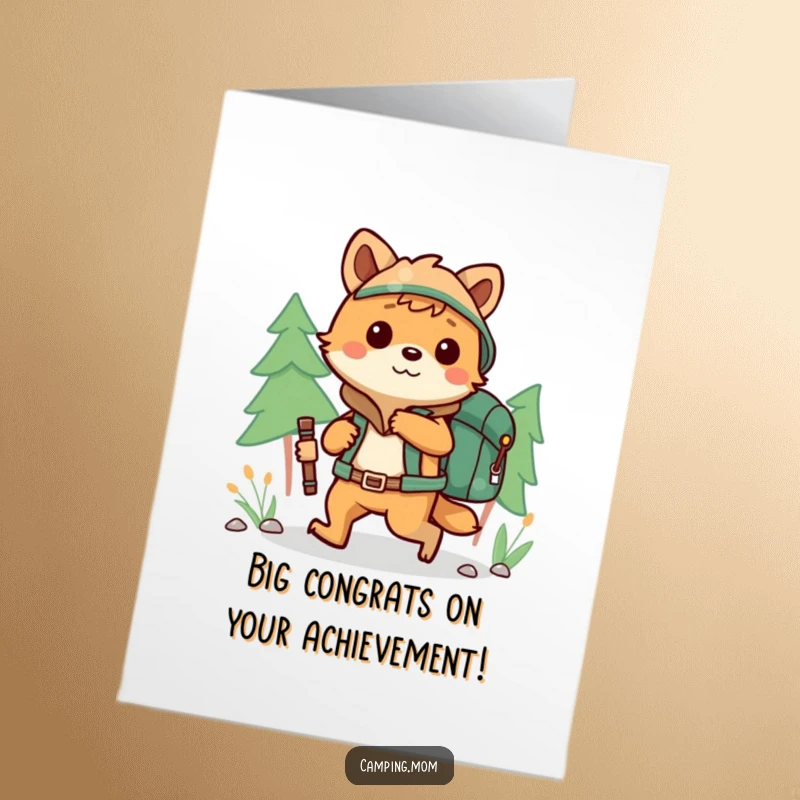 Funny Free Printable Congratulations Card featuring a playful camping animal hiking with a backpack, symbolizing a successful journey and accomplishment.