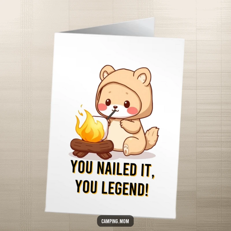 Funny free printable congratulations card, camping mom animal achieving perfect golden marshmallow, success, celebration, outdoor achievement.