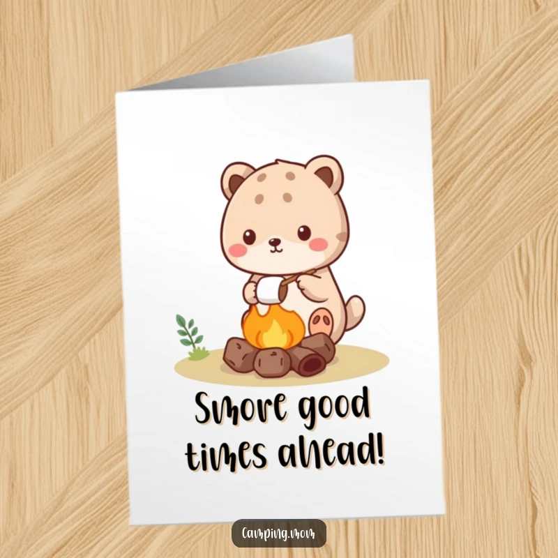 Funny Free Printable Congratulations Card: Kawaii animal roasts marshmallow over tiny campfire, celebrating achievements.