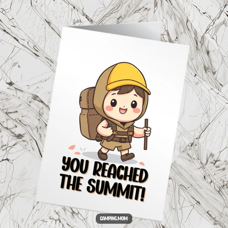 Funny Free Printable Congrats Card: A kawaii hiker with a big grin celebrates reaching the summit, backpack on, ready for anything.