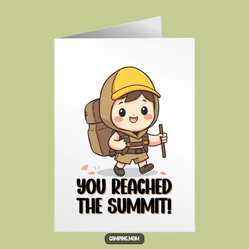 Free Printable Congrats Card: Kawaii Hiker Reaches New Heights, Humorous Downloadable Gift