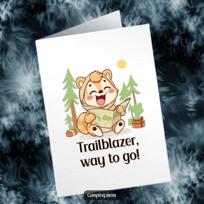 Funny Free Printable Congrats Card: Camping mom animal laughing uncontrollably while tangled in a map.