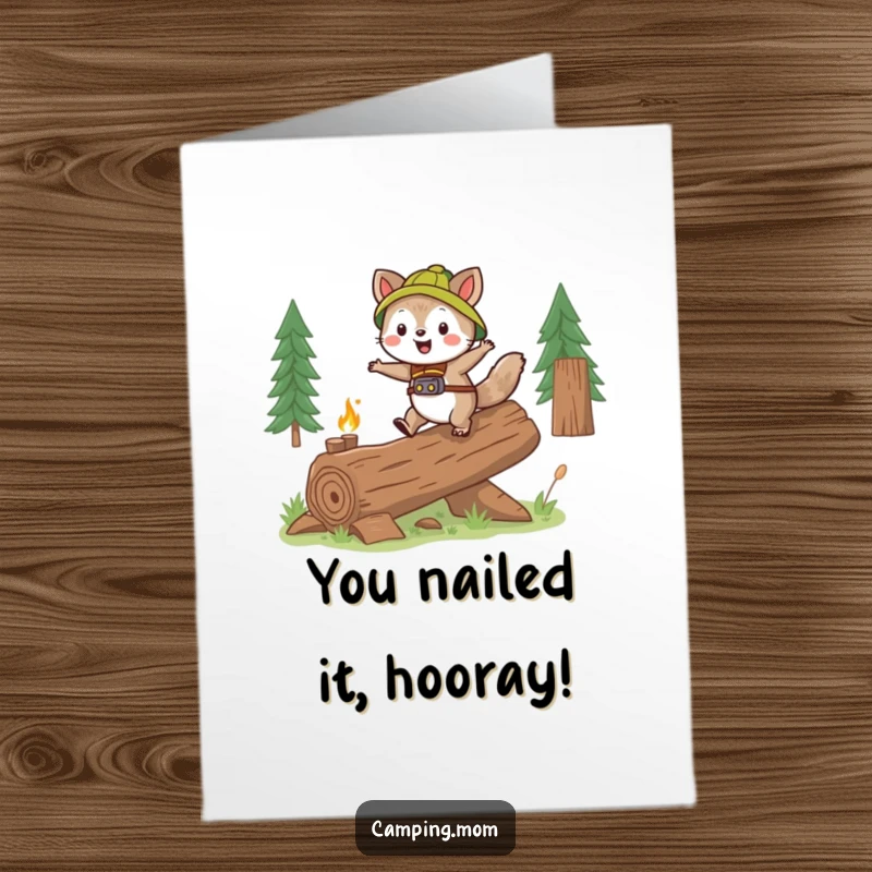 Funny Free Printable Congratulations Card featuring a camping animal joyfully skipping over a log, symbolizing a leap to success and happiness.