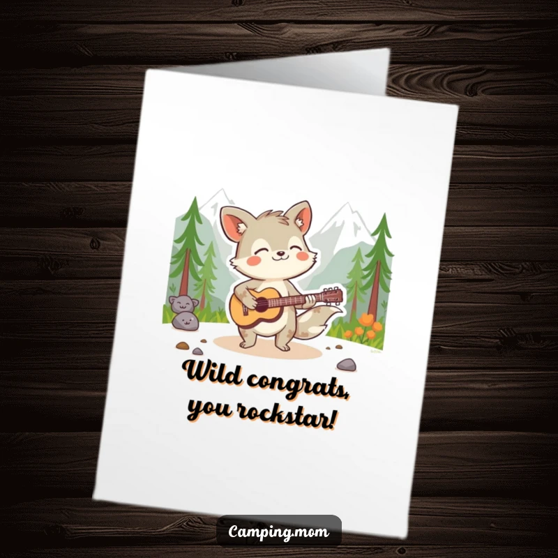 Funny Free Printable Congratulations Card: Energetic animal character rocking out on a guitar in the wilderness, celebrating success.