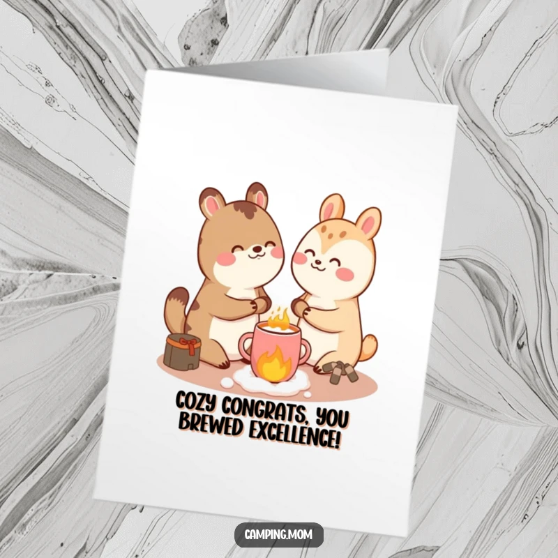 Funny Free Printable Congratulations Card: Giggling animal character enjoying hot cocoa by a stove, conveying warm wishes.