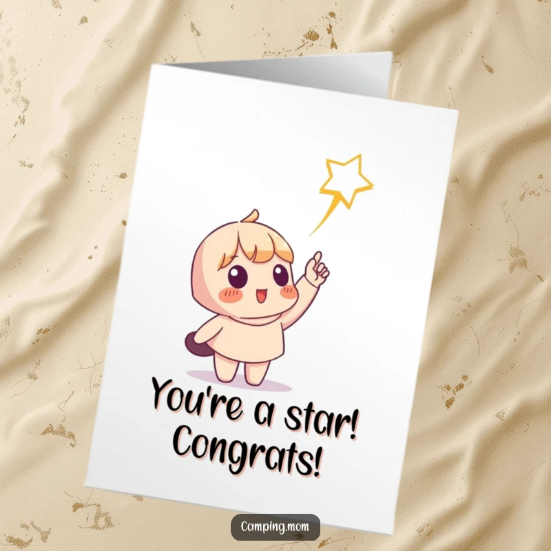 Funny Free Printable Congratulations Card: Character points to a shooting star, celebrating your bright future.