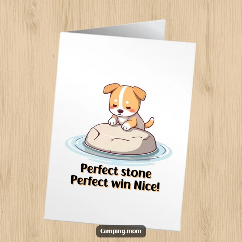 Funny free printable congratulations card shows a dog proudly holding a smooth, perfect stone for skipping.