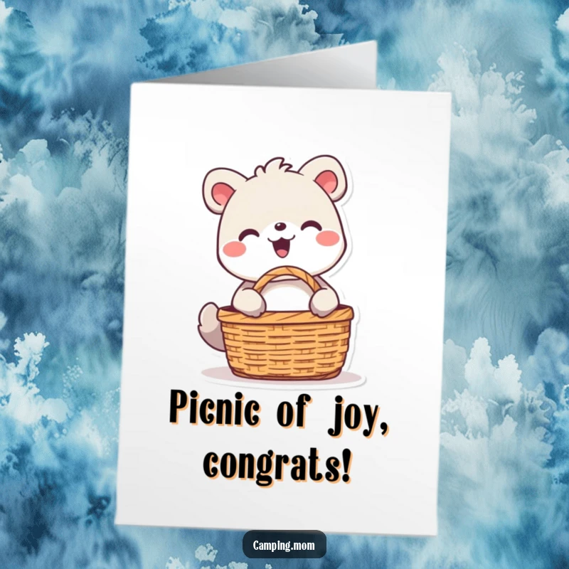 Funny Free Printable Congratulations Card: Beaming animal character joyfully unpacking a picnic basket, celebrating good news.