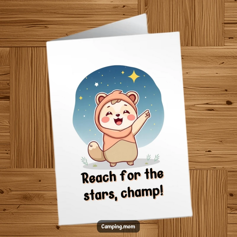 Funny free printable congratulations card, camping mom animal pointing happily at a starry night sky, achievement, celebration, wonder.