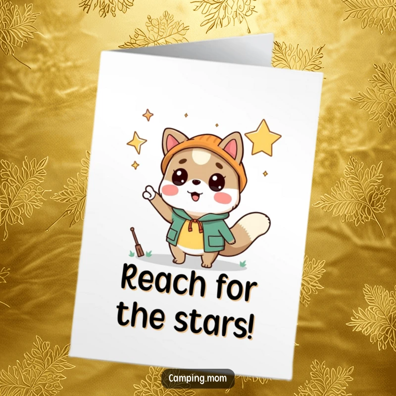 Funny free printable congratulations card: camping animal excitedly pointing at a starry sky, symbolizing limitless possibilities.