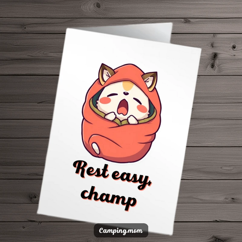 Funny Free Printable Congratulations Card with a camping animal yawning in a sleeping bag, celebrating hard-earned rest and achievement.