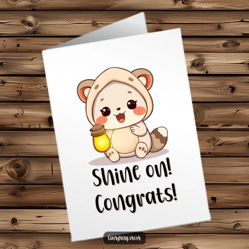 Funny Free Printable Congratulations Card: Camping mom animal joyfully holds a lantern filled with light, celebrating a shining success.