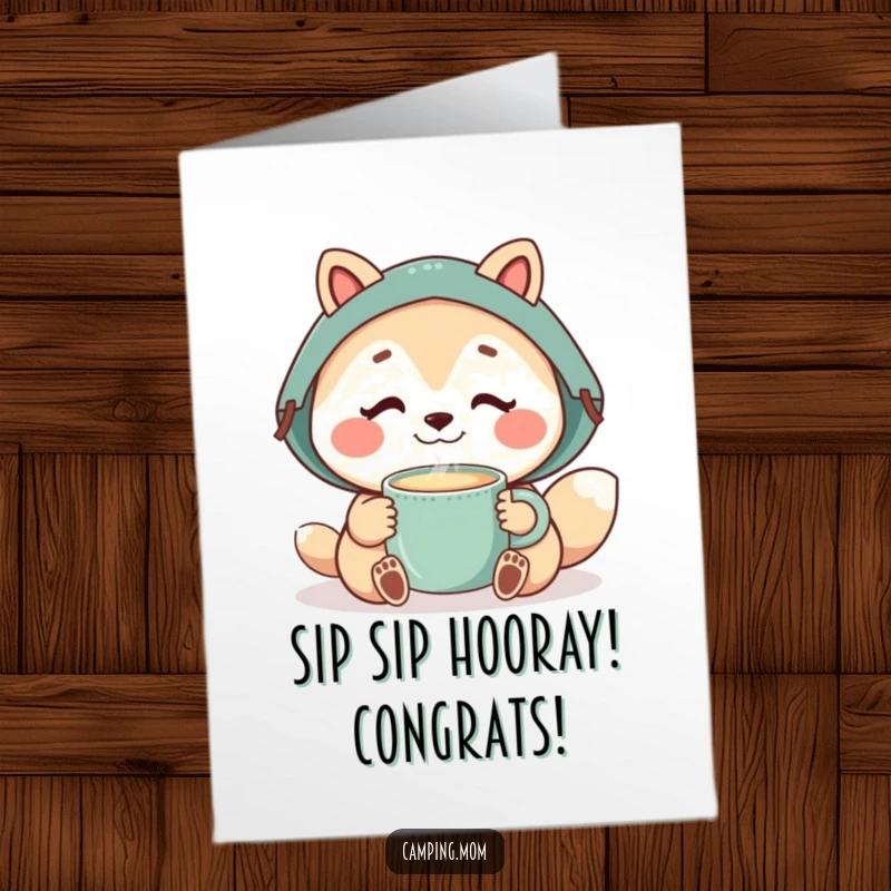 Funny Free Printable Congratulations Card: Camping mom animal enjoys a sip from a steaming mug, celebrating a special moment with joy.
