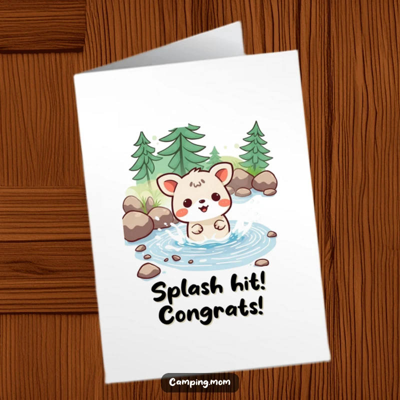 Excited Free Printable Kawaii camping animal making joyous splashes in a small stream for congratulations.
