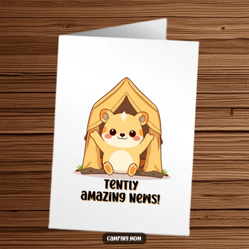 Funny free printable congratulations card: camping animal happily opening a tent flap, symbolizing new beginnings and success.