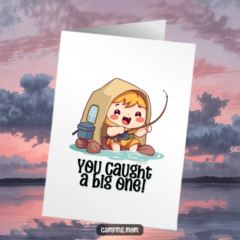 Funny Free Printable Congratulations Card: Kawaii camper beaming with pride after a successful fishing trip, perfect for sharing congrats.