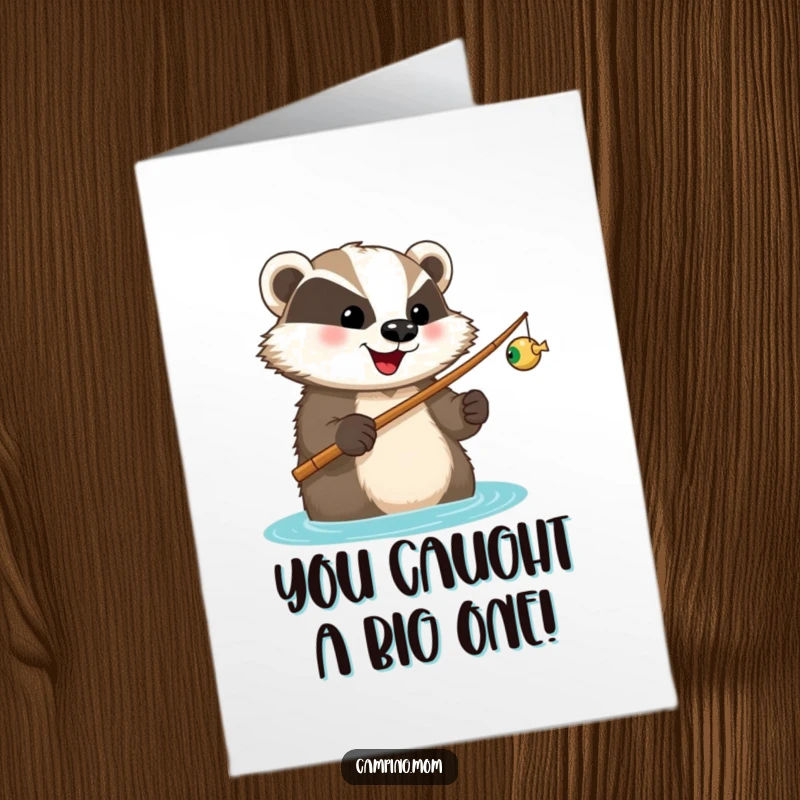 Funny Free Printable Congratulations Card showing a happy badger with a fishing rod, looking forward to landing a big catch, symbolizing success.