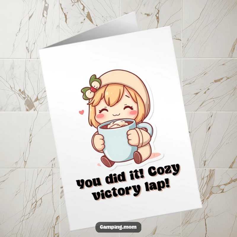 Funny Free Printable Congratulations Card: Cozy character enjoys hot cocoa, offering warm wishes for their success.