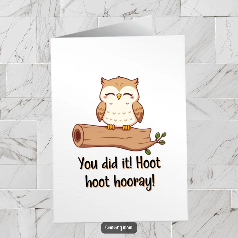 Funny Free Printable Congratulations Card showing a happy owl hooting from a log, celebrating achievements with joy and laughter.