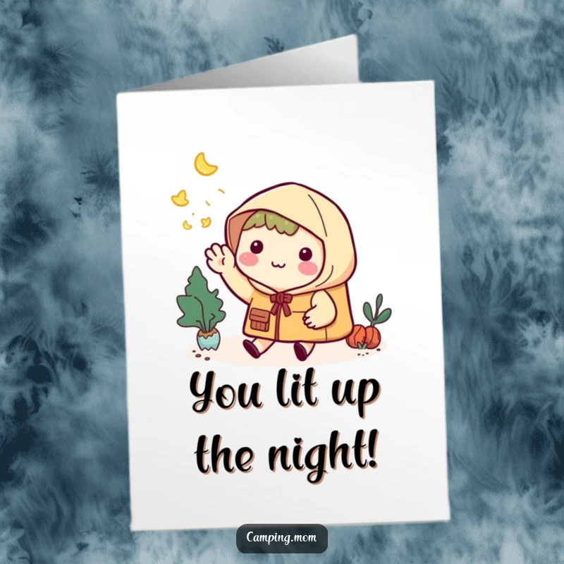Funny Free Printable Congratulations Card: Kawaii camper smiling while waving goodbye to fireflies, celebrating a success, perfect for congrats.