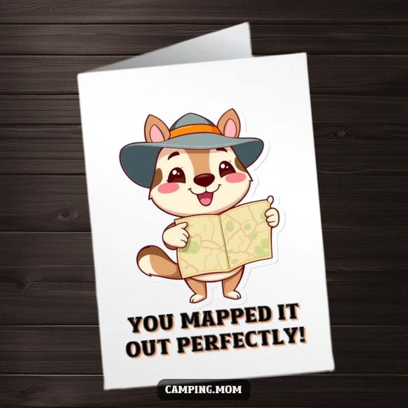Funny Free Printable Congratulations Card: Adventurous animal character with a map, celebrating success with a determined look, downloadable gift.
