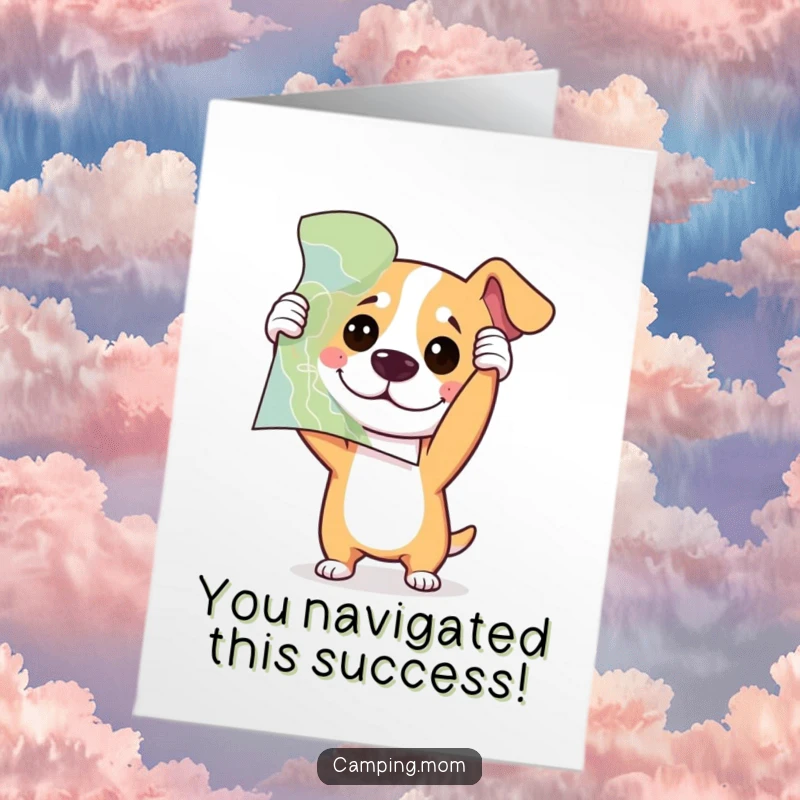 Funny Free Printable Congratulations Card: Dog looks playfully confused holding a map upside down.