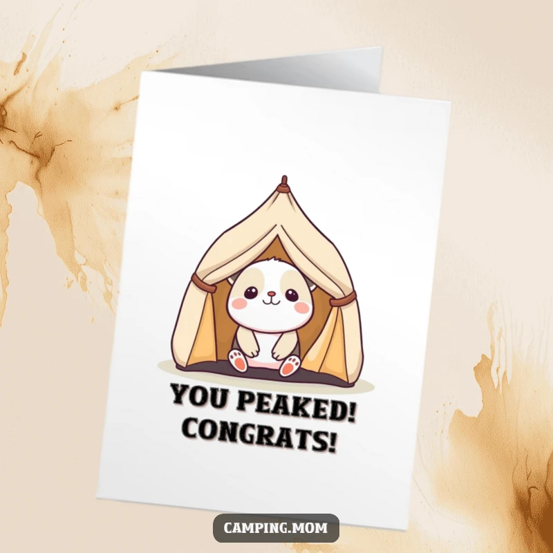 Hilarious Free Printable Kawaii camping animal popping out of a small tent, celebrating achievements.