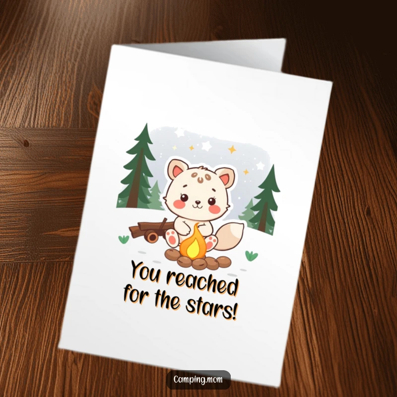 Funny Free Printable Congrats Card: Joyful animal sits by a campfire, gazing at a starry sky, celebrating a grand achievement, a printable.