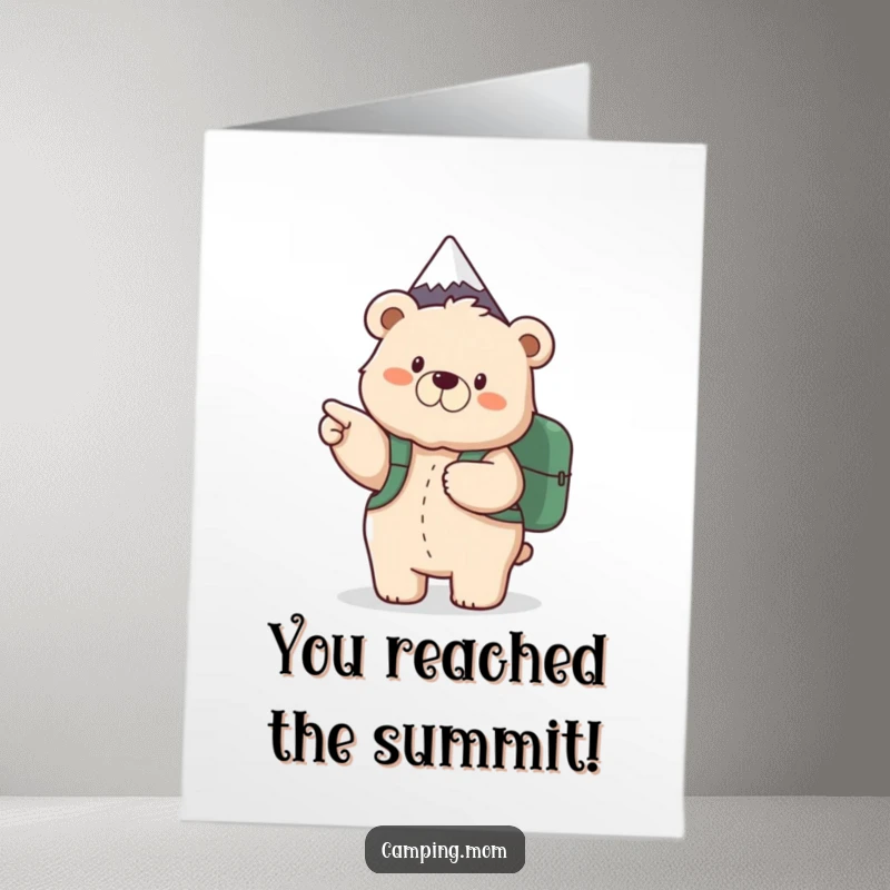 Funny Free Printable Congrats Card: Mama bear with backpack points excitedly to mountain peak, celebrating a big achievement.