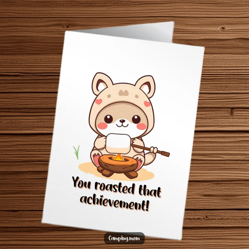 Funny free printable congratulations card: kawaii camping animal character roasting a marshmallow, symbolizing a warm success.