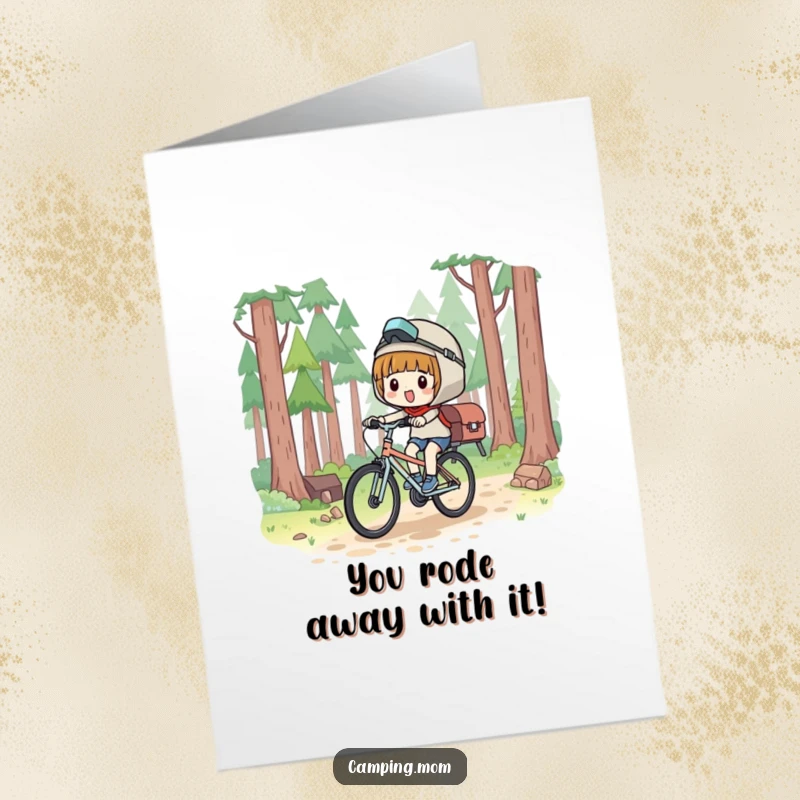 Funny Free Printable Congratulations Card: A gleeful kawaii camper bicycling triumphantly, celebrating a win, perfect for sharing congrats.