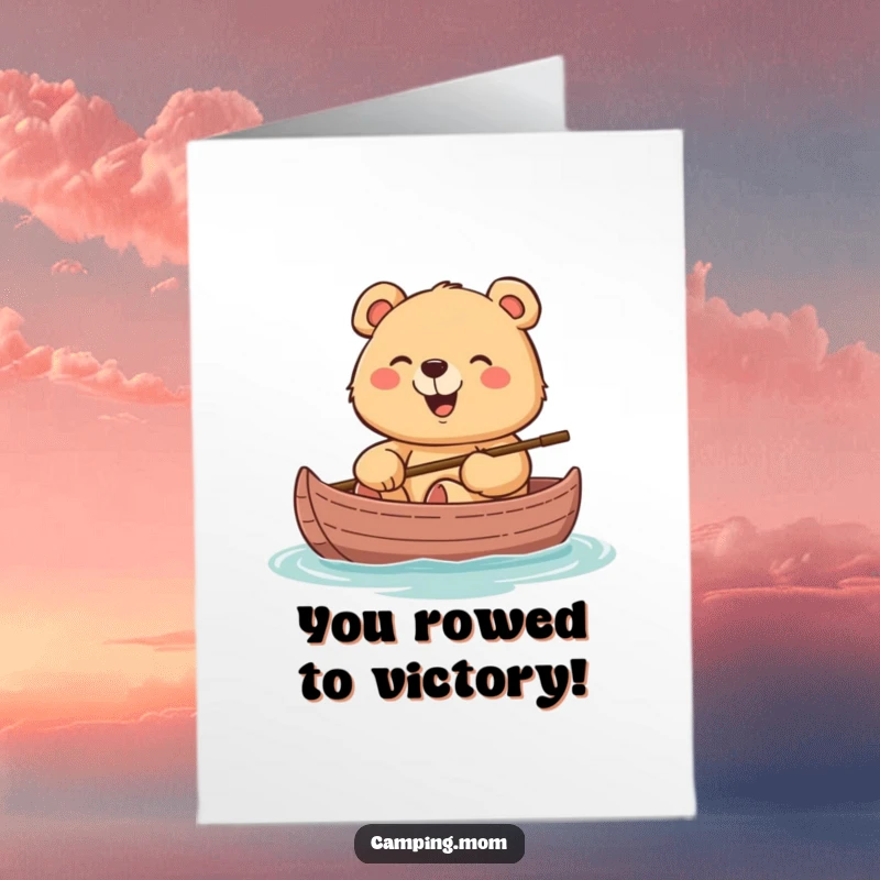 Funny Free Printable Congrats Card: Cheerful mama bear giggling while sitting in a canoe, celebrating success.