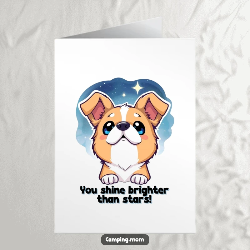 Funny free printable congratulations card with a dog looking up at the starry night sky, celebrating success.