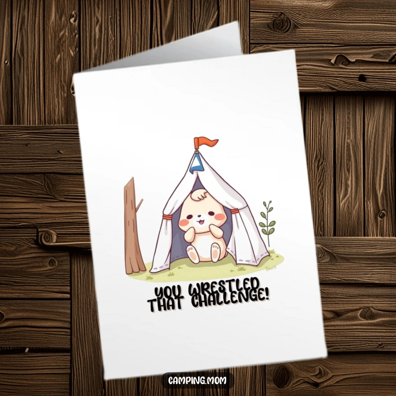 Funny Free Printable Congratulations Card: Playful animal character struggling comically to set up a tent, perfect for a downloadable gift.