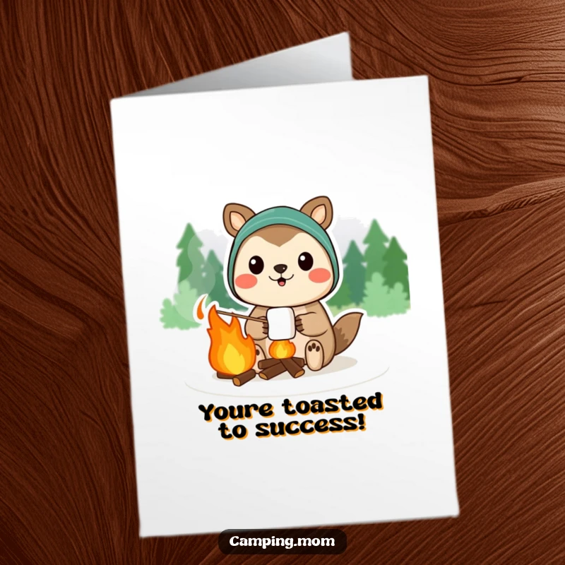 Funny Free Printable Congratulations Card featuring a camping animal proudly showing off a campfire marshmallow, symbolizing a sweet and successful achievement.