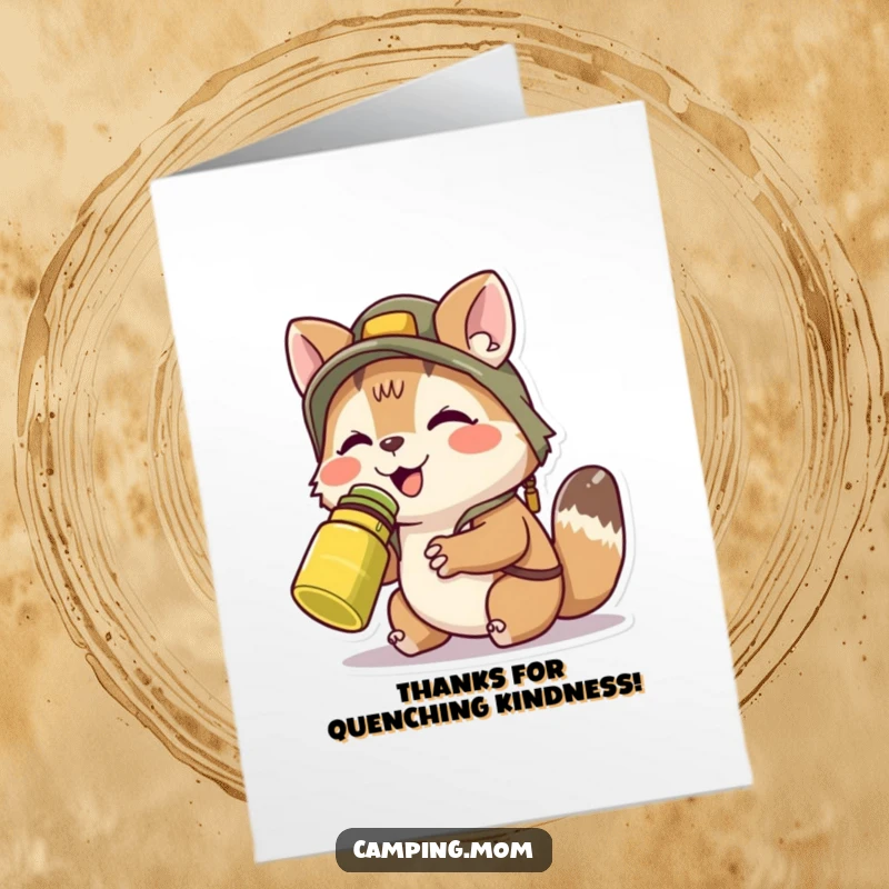 Funny free printable thank you card: camping animal joyfully sipping from a canteen, a refreshing way to express thanks.
