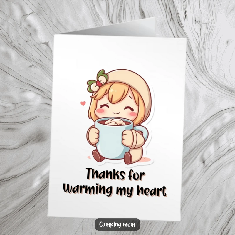Funny Free Printable Thank You Card: Cozy character shares a warm mug of cocoa, expressing heartfelt thanks.