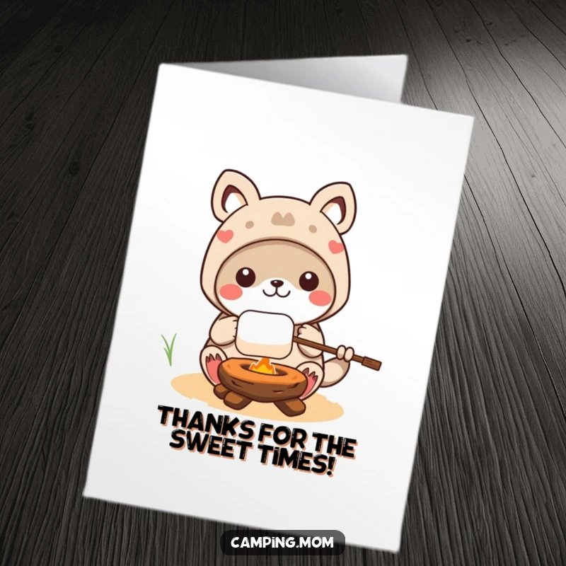 Funny free printable thank you card: kawaii camping animal character roasting a marshmallow, a cozy way to say thanks.