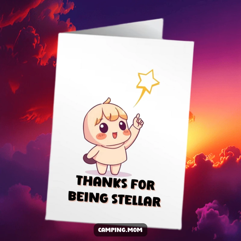 Funny Free Printable Thank You Card: Character points at a shooting star, thankful for your stellar support.