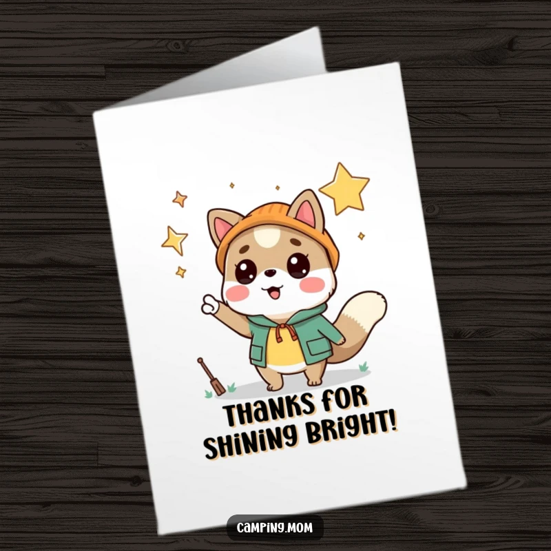Funny free printable thank you card: camping animal excitedly pointing at a starry sky, a vast expression of gratitude.