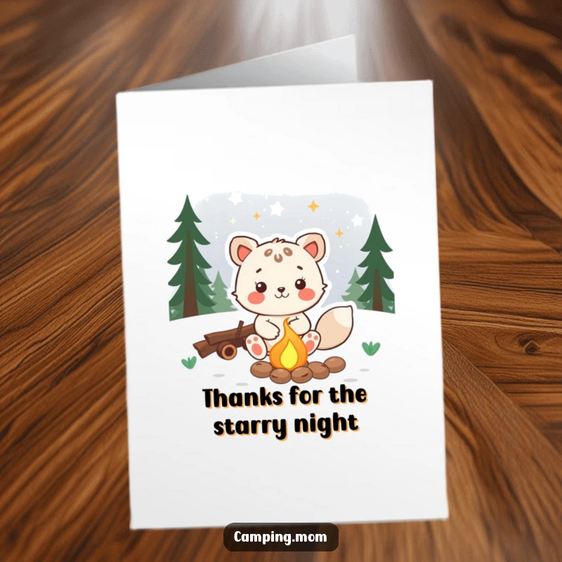 Funny Free Printable Thank You Card: A joyful animal by a campfire gazing at stars, sending warm thanks, a downloadable.