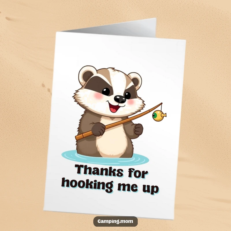 Funny Free Printable Thank You Card featuring a happy badger with a fishing rod, looking forward to a catch, as a symbol of thanks.