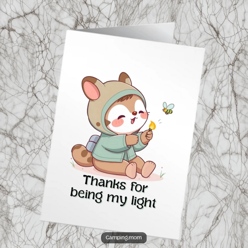 Funny Free Printable Thank You Card: Camping mom animal playfully reaches for a friendly firefly, conveying thanks with enchanting fun.
