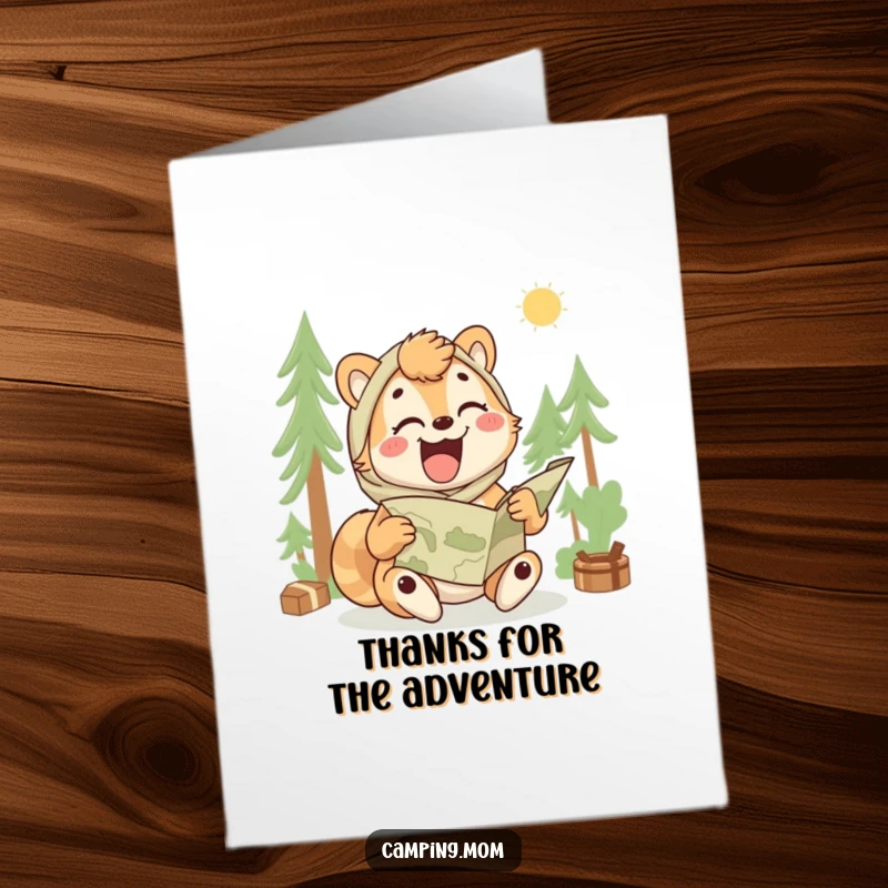 Funny Free Printable Thank You Card: Camping mom animal laughing hard while trying to read a map.