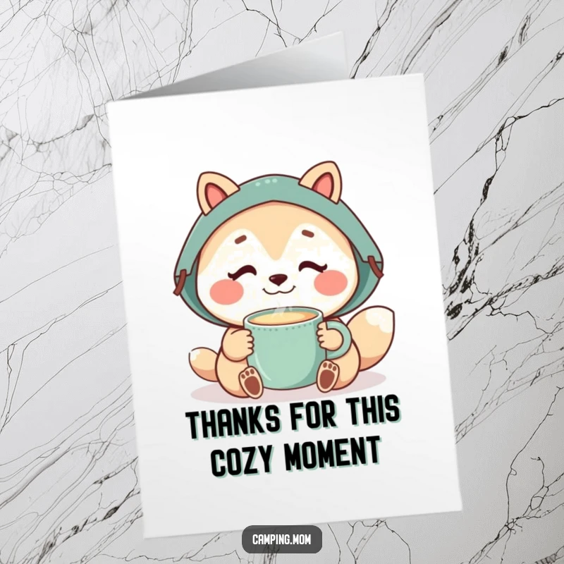 Funny Free Printable Thank You Card: Camping mom animal smiles while sipping a steaming mug, conveying sincere gratitude with warmth.