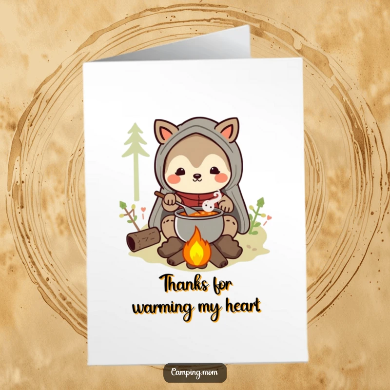 Funny Free Printable Thank You Card: A smiling camping mom animal character stirs a pot of delicious stew over a campfire.