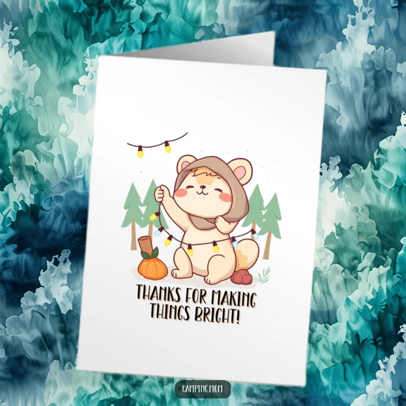 Funny free printable thank you card, camping mom animal energetically setting up a string of fairy lights, gratitude, festive.