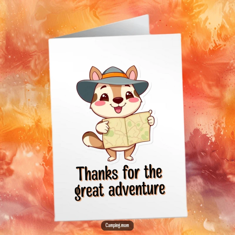 Funny Free Printable Thank You Card: Adventurous animal character with a map, expressing thanks with a determined look, downloadable gift.