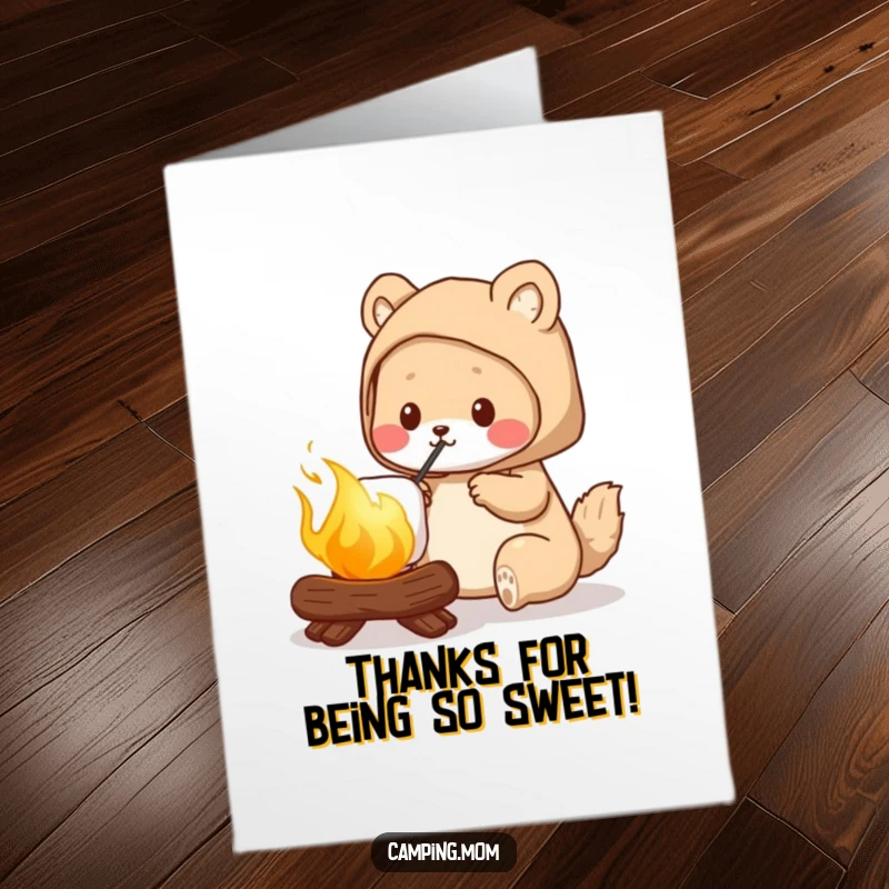 Funny free printable thank you card, camping mom animal roasting a perfect golden marshmallow, gratitude, outdoor appreciation.