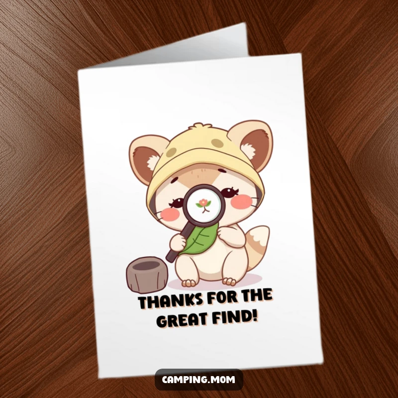 Funny Free Printable Thank You Card: A camping mom animal intently examines a leaf with a magnifying glass, expressing thoughtful gratitude.